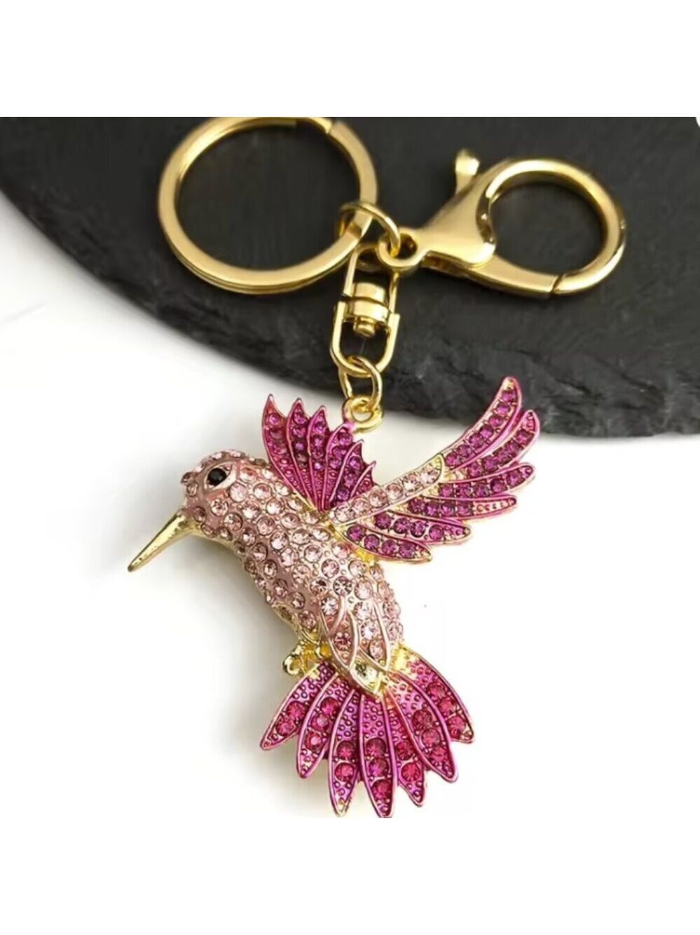 Pink Hummingbird Keychain for Women Men Rhinestone Gold Color Alloy Animal Birds
